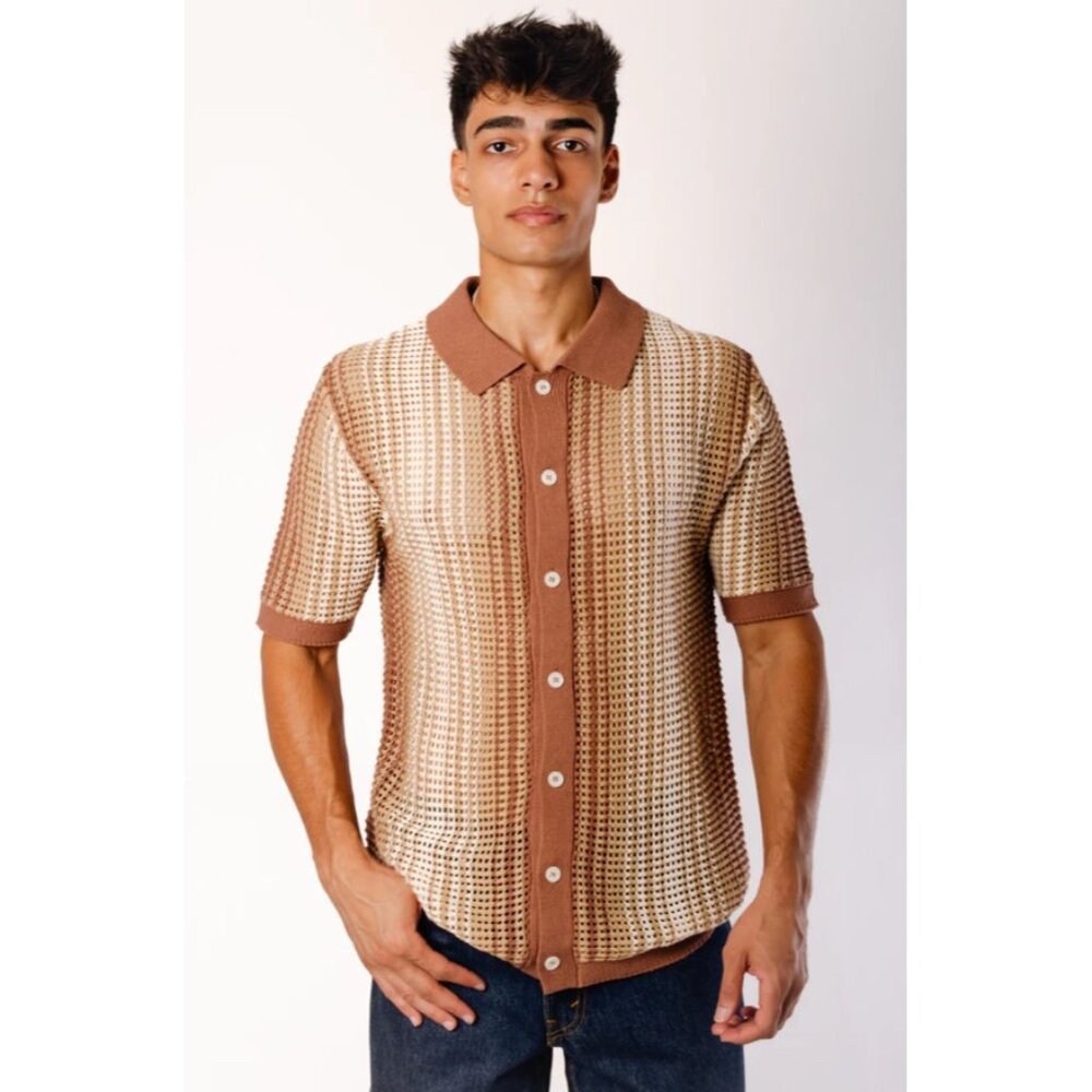 Massive Luxury‎ Striped Crochet Button Up Polo Shirt Short Sleeve Brown Large